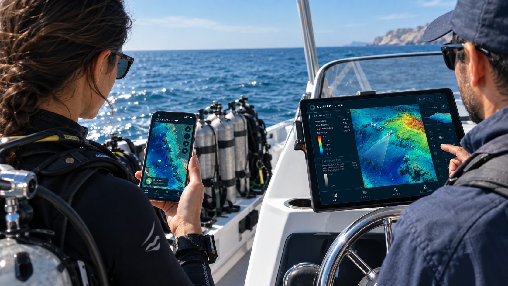 Two divers aboard a boat at sea, one reading the chart on a phone and one working the same chart on a tablet mounted at the helm