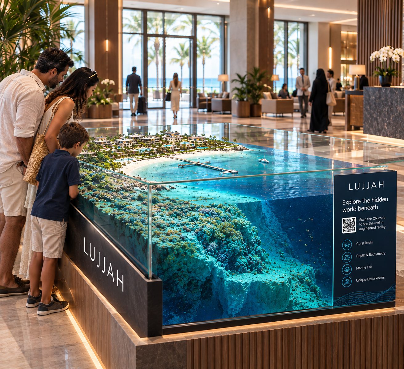 A coastal model under glass on a plinth in a hotel lobby. A family looks down at the resort shoreline above the waterline and the reef and seabed falling away below it