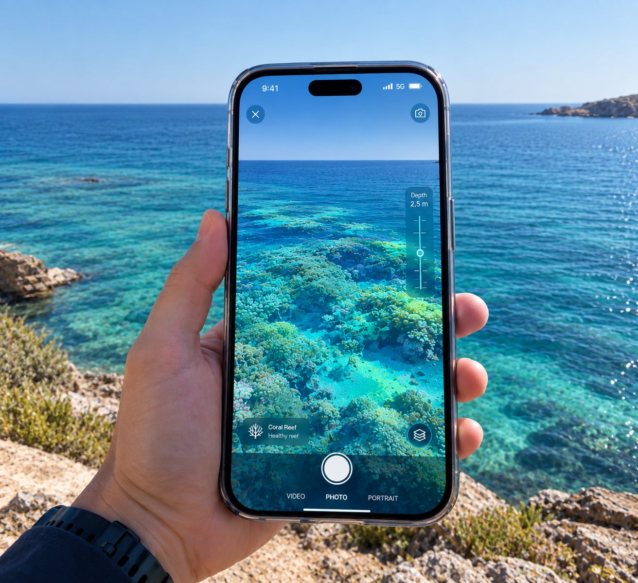 A hand holding a phone above a rocky shoreline. On the screen the water has fallen away to show the coral reef below, with the depth read out beside it