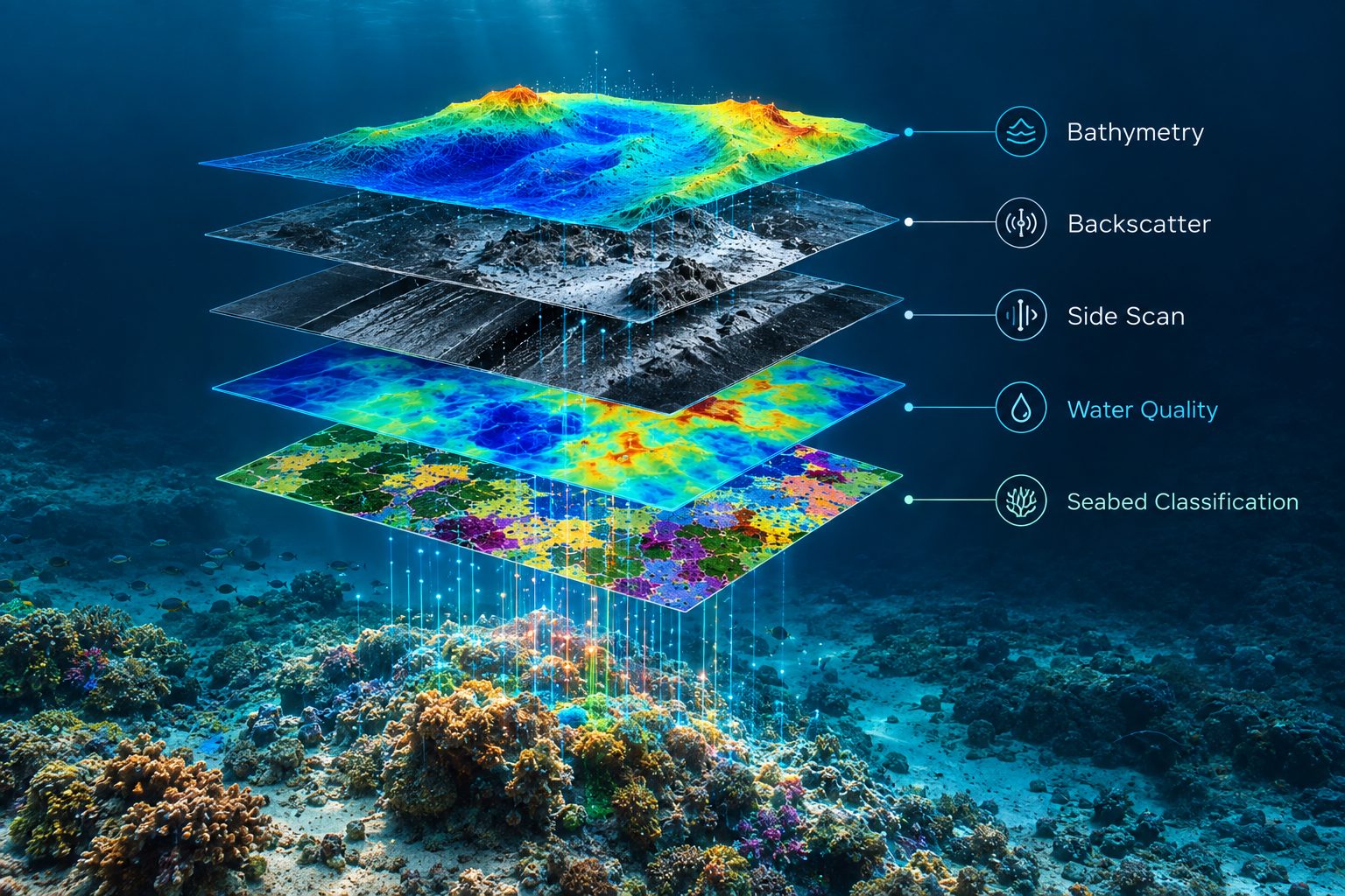 Five measured layers lifted apart above a coral reef, each labelled: bathymetry, backscatter, side scan, water quality and seabed classification